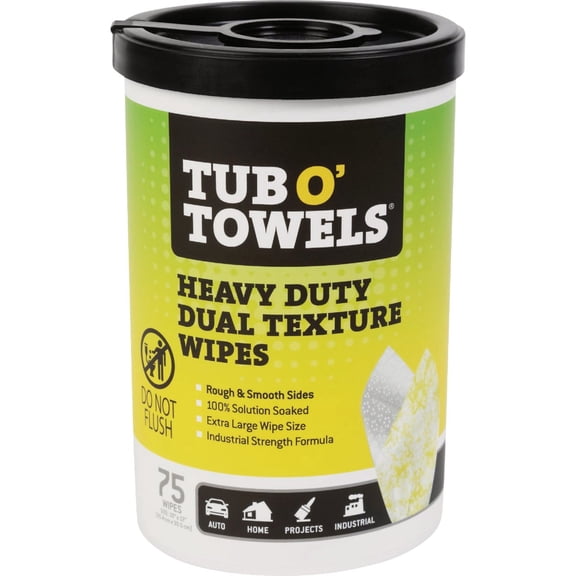 Tub O Towels TW75 Heavy-Duty 10" x 12" Size Multi-Surface Cleaning Wipes, Dual Texture, 75 Count Per Canister