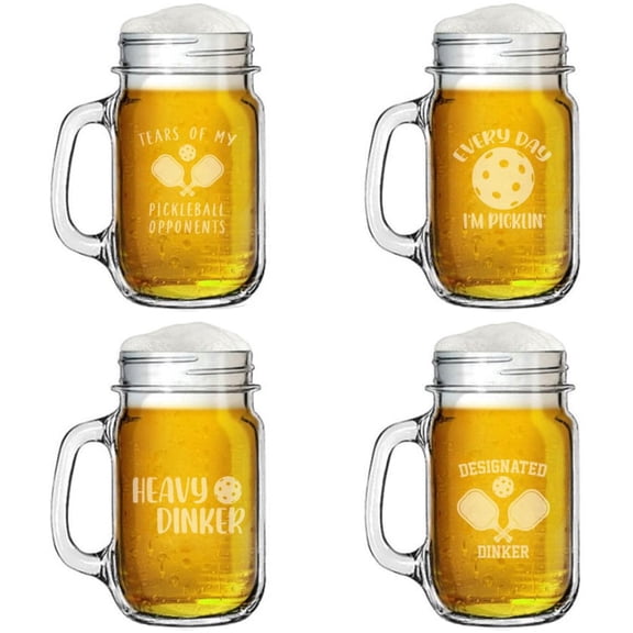 16oz Mason Jar Glass Mug w/Handle Gift Set of 4 Funny Pickleball Collection