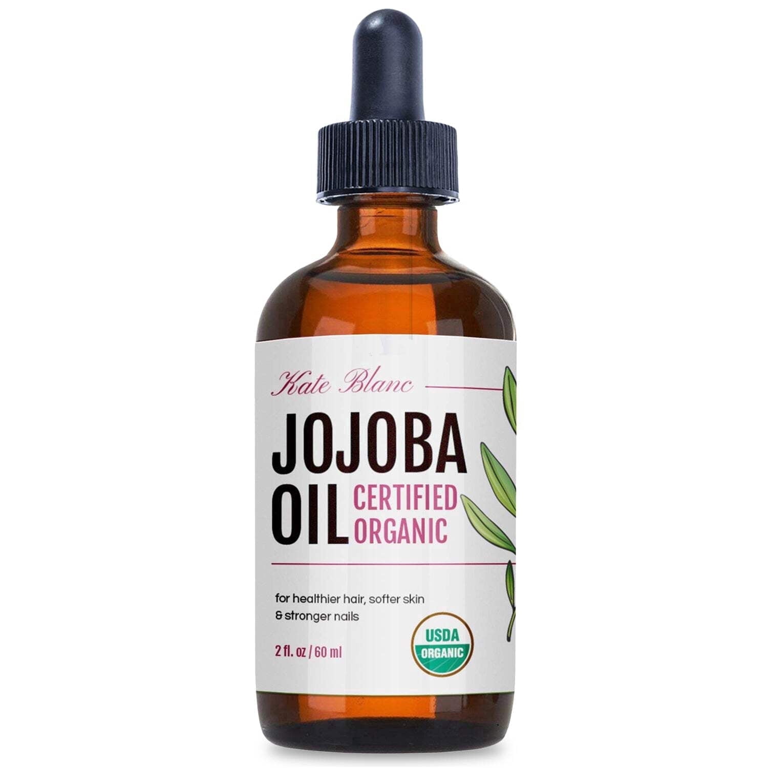 Kate Blanc Cosmetics Organic Jojoba Oil, 2 fl oz, Cold-Pressed Unrefined Carrier Oil for Hair Growth, Skin & Face Moisturizer