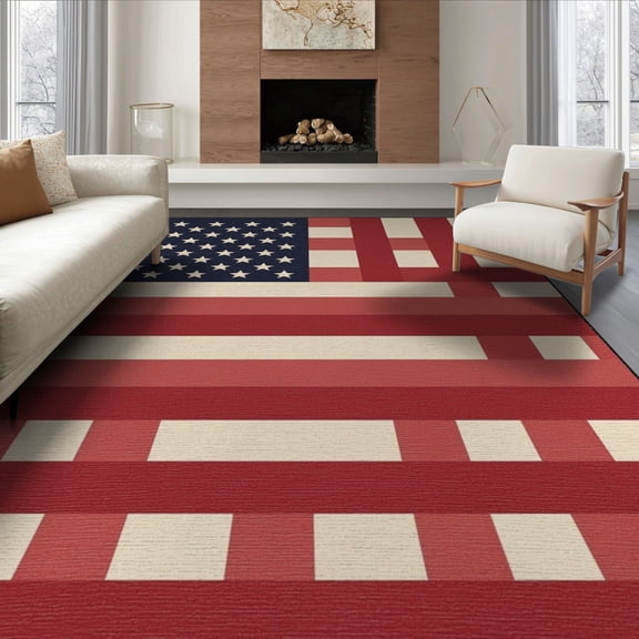 ODIKA 8'x10' Washable Area Rug Non-Shedding, Easy Care, Patriotic Door Striped Motif Border Independence Welcome July Flowing Dynamic for King Size Bedroom Under Bed, Master Suite