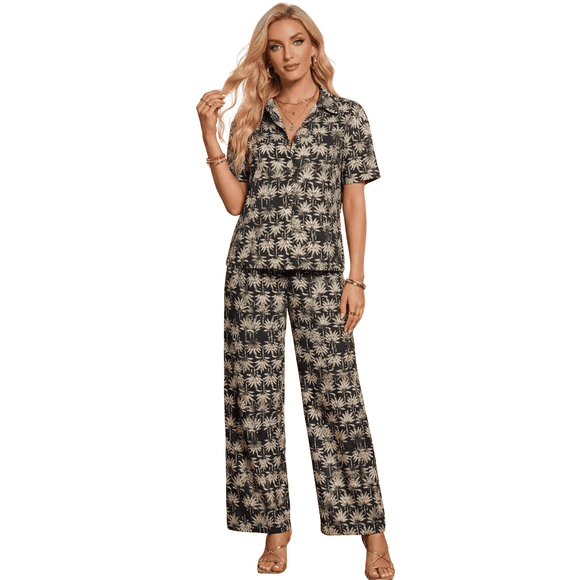 Conjunto 2 Piezas Estampado Floral, Camisa y Pantalón Amplio, Look Fresco y Elegante para Mujer