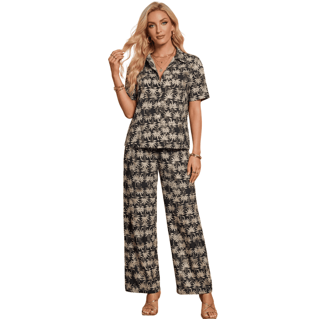Conjunto 2 Piezas Estampado Floral, Camisa y Pantalón Amplio, Look Fresco y Elegante para Mujer