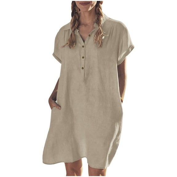 Ichuanyi Woman Dress, Summer Fashion Women's Summer Casual Cotton Loose Short Sleeve Solid Shirt Dress