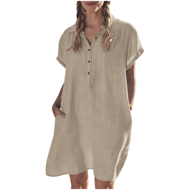 Pompotops Mode Robe Chemise d'Été Décontractée en Coton à Manches Courtes pour Femmes