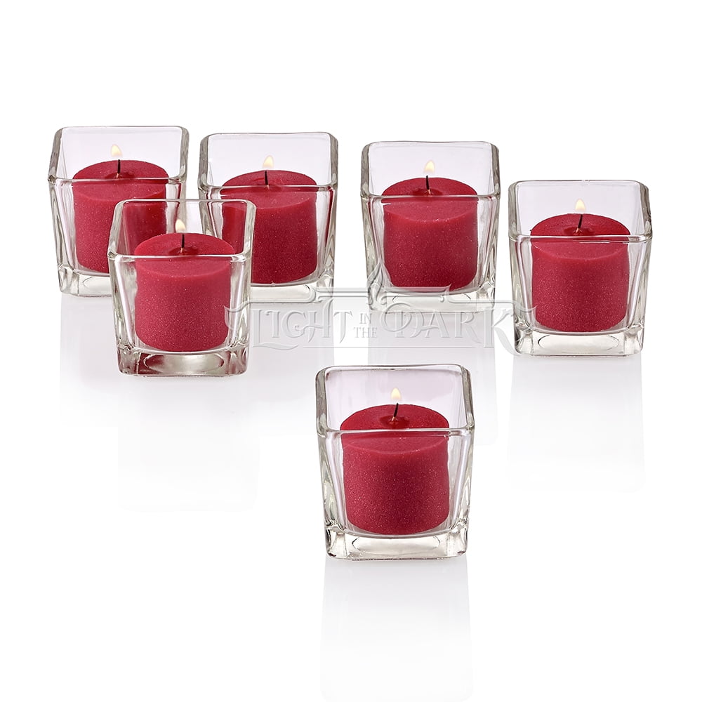 Clear Glass Square Votive Candle Holders With Red Votive Candles Burn 10 Hours Set Of 12