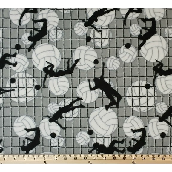 Fleece Volleyballs Players Silhouettes Net Allover on Gray Grey Girls Sports Fleece Fabric Print by the Yard (6216S-10H)