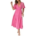 thumbnail image 5 of Caoirhny Women's Summer Casual Midi Dress Solid Color Short Sleeve V Neck Pleated Dresses, 5 of 9