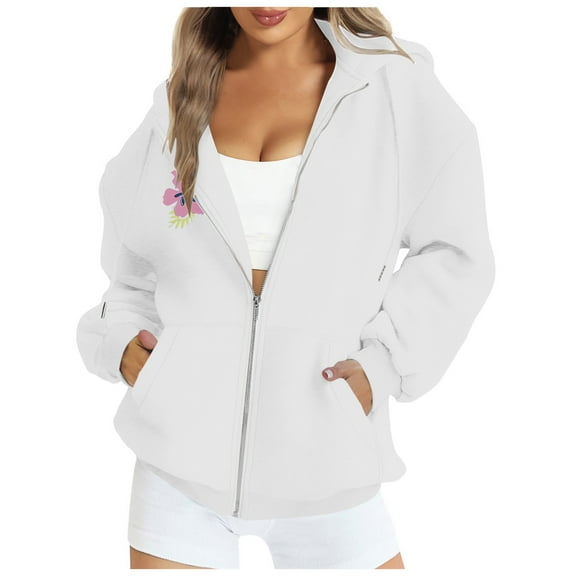 YDFCWXW Womens Zip Up Hoodies Casual Long Sleeve Hoodie Jacket Oversized Lightweight Pullover Sweatshirts Tops with Pocket White, XL