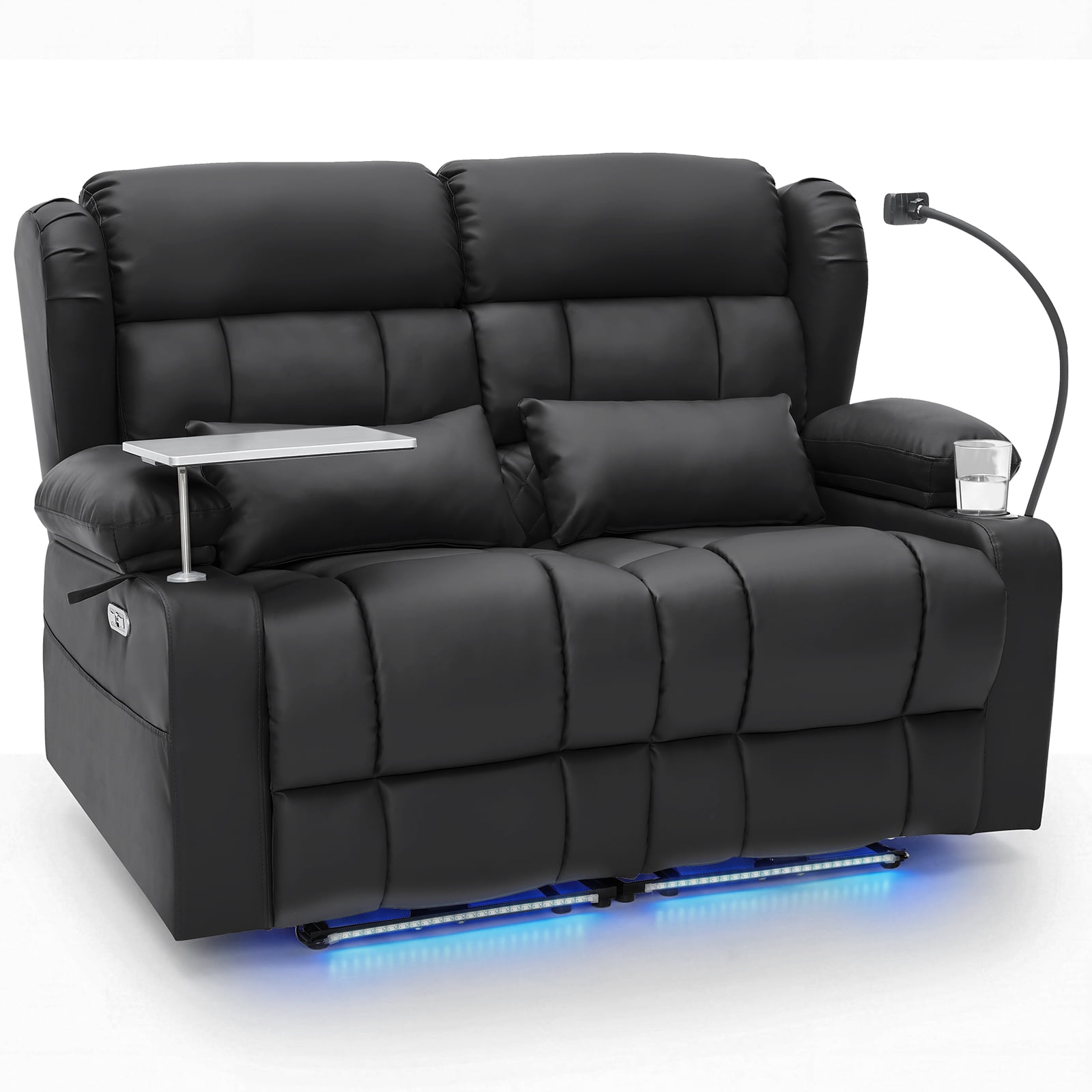 Power Loveseat Recliner Sofa with Massage & Heat, LED Theater Seating with USB & Type-C Charging, Hidden Storage, 360° Tray Table & Cup Holder for RV, Home Theater, Faux Leather, Black