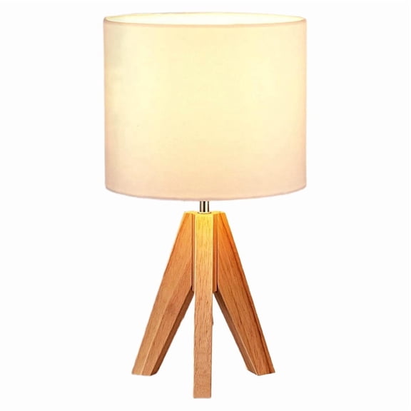 Bedroom Nightstand Tripod Table Lamp with Lampshade, Wooden Base, USB-Powered, Kid's Room Light