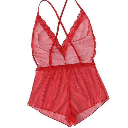 

Zerlibeaful Lingerie Bodysuit for Women Lace Trim V-Neck Backless Cross Strap Jumpsuit Pajamas