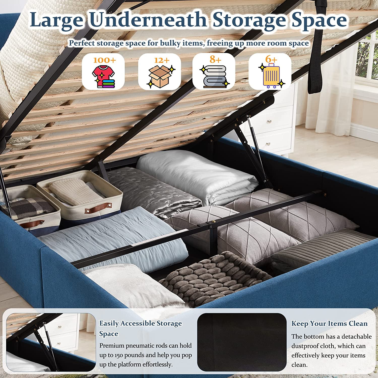 Relax & Rejuvenate Full Size Lift up Storage Bed, Upholstered Platform Bed Frame with Modern Linen Fabric Wingback Headboard, Wood Slats Support, Noiseless, Easy Assembly, No Box Spring Needed, Blue