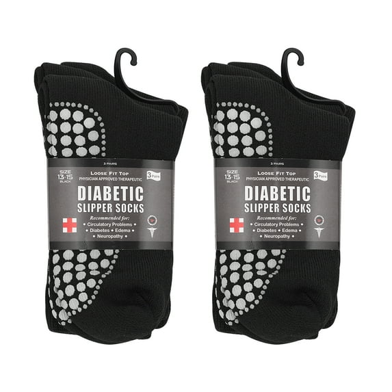Diabetic Socks Unisex - Men's and Women Non Skid Hospital Loose Fitting Design, Physician Approved Slipper Socks With Gripper Bottoms - 6 Pack - Gripper socks (Black Skid 2, 13-15)