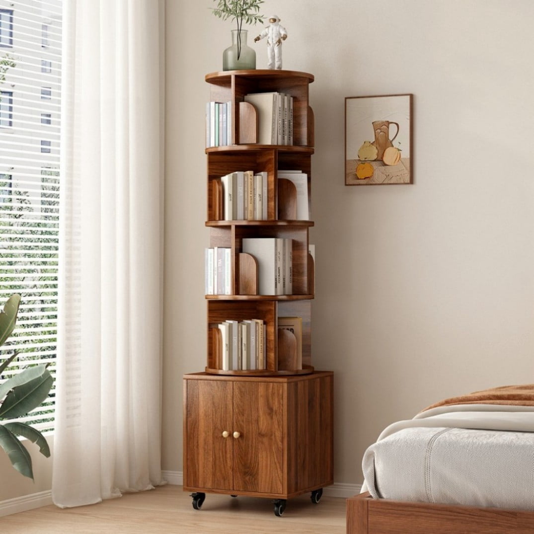 5-Tier Rotating Bookshelf with Drawer, 360° Spinning Corner Bookcase, Narrow Space-Saving Floor Standing Storage Rack for Bedroom, Living Room & Small Spaces, Walnut