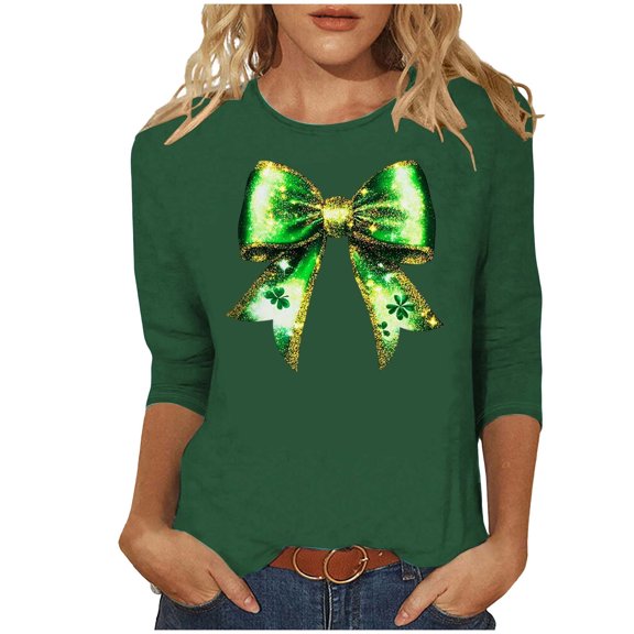 Womens Funny St Patricks Day Shirts 3/4 Sleeve Crewneck Green Graphic Comfy Casual Loose Fit Tee Shirts Pullover Tops (L, Green)