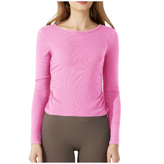 Kaemgyyd Long Sleeve Tops for Women Solid Color Seamless Crew Neck Ribbed Tee Stretch Workout Yoga Tunic Shirts