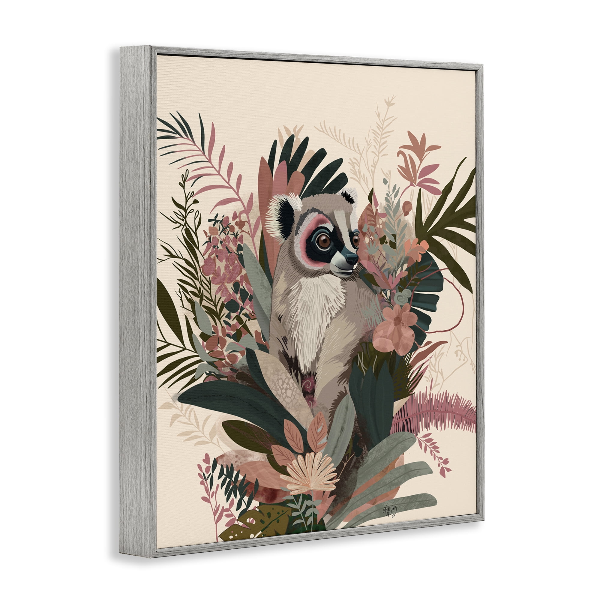 Stupell Industries Lemur with Hibiscus Plants Animals & Insects Painting Gray Framed Art Print Wall Art, 11 x 14