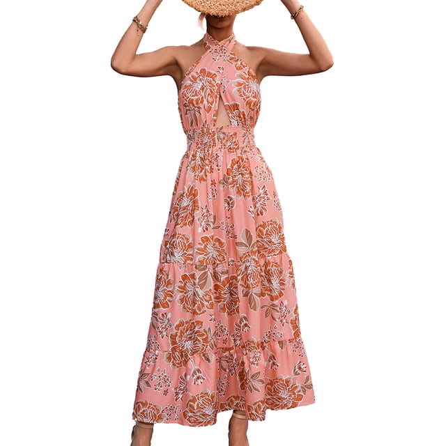 Vestido de verano para mujer, vestido largo sin mangas con cuello halter cruzado sin espalda para uso diario, rosa S