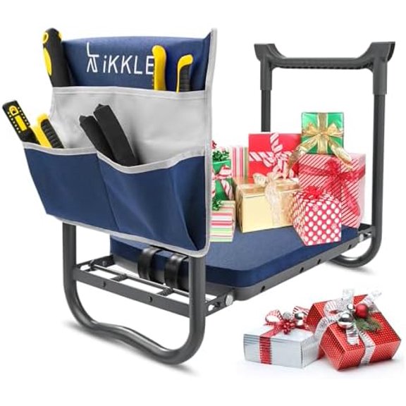 Garden Kneeler and Seat Gardening Stool Kneeler Folding Gardening Bench with Thicker Detachable Kneeling Pad and Tool Store Pouches (Blue)