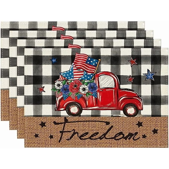 Buffalo Plaid Patriotic Freedom Truck Placemats for Dining Table, 12 x 18 Inch 4th of July Memorial Day Decoration Washable Table Mats Set of 4