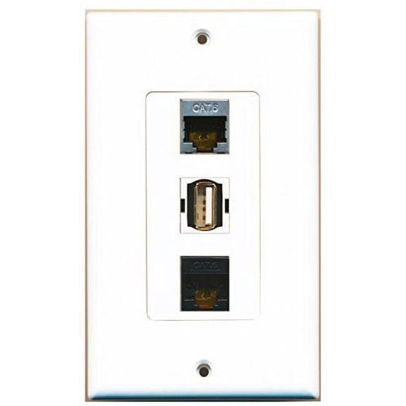 RiteAV - 1 Port USB A-A and 1 Port Shielded Cat6 Ethernet and 1 Port Cat6 Ethernet Black Decorative Wall Plate Decorative