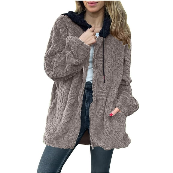 Wensltd Fleece Jacket for Women Hooded Loose Fit Casual Long Sleeve Winter Coat With Pockets Warm Outerwear