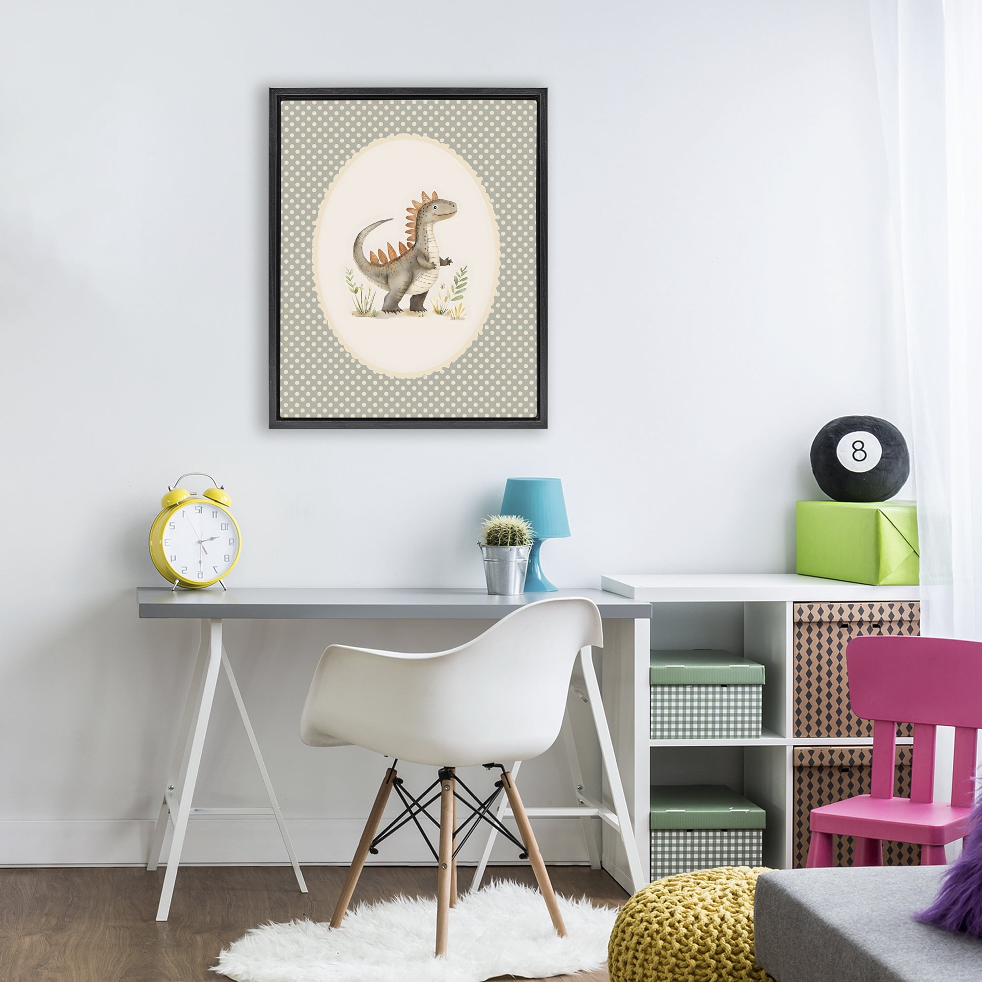 Stupell Industries Watercolor Dinosaur Polka Dot Border Black Framed Floater Canvas Wall Art, design by LSR Design Studio