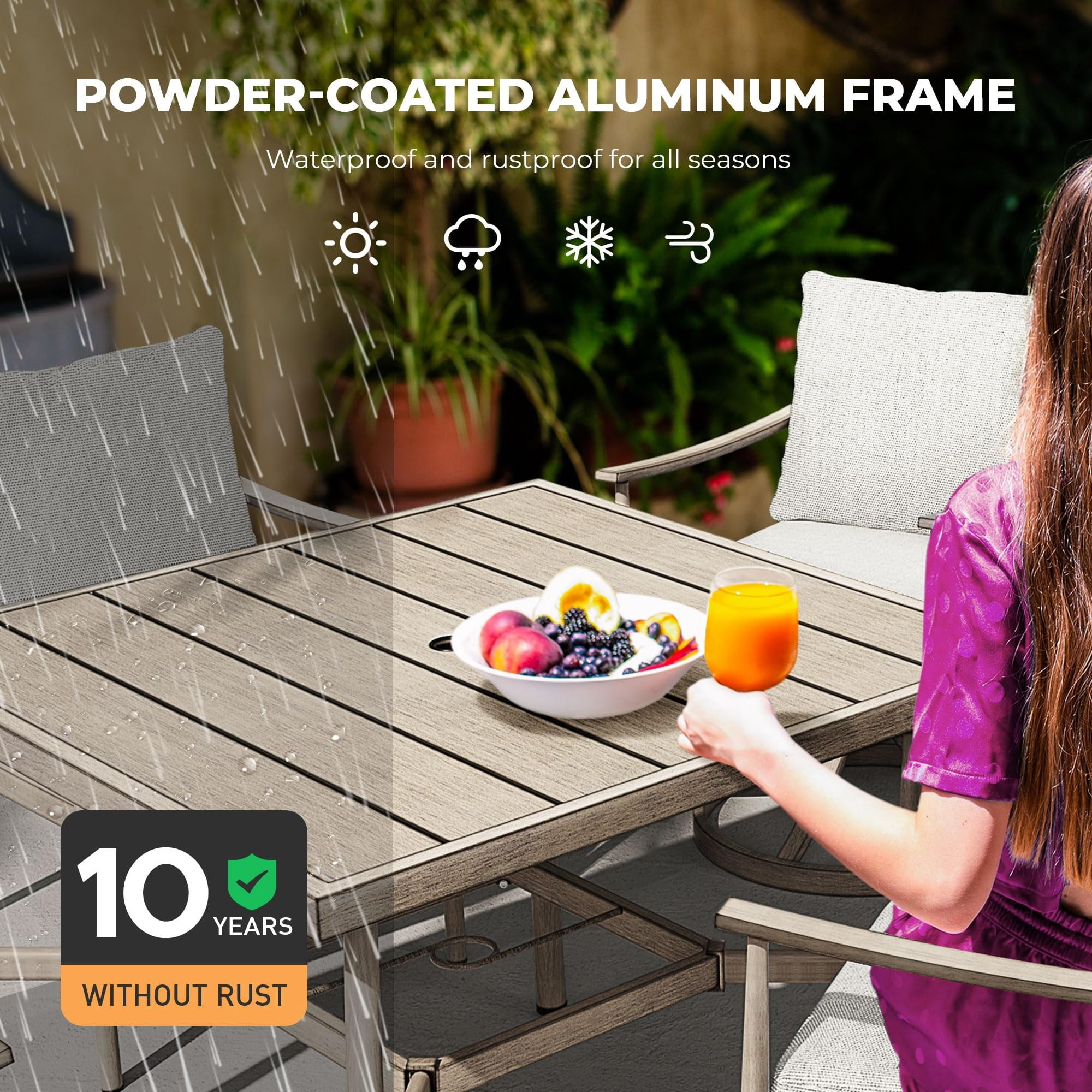 Patio Table for 4 Aluminum Outdoor Dining Table Square with Umbrella Hole Modern All Weather Table for Backyard Garden Deck Poolside, Grey