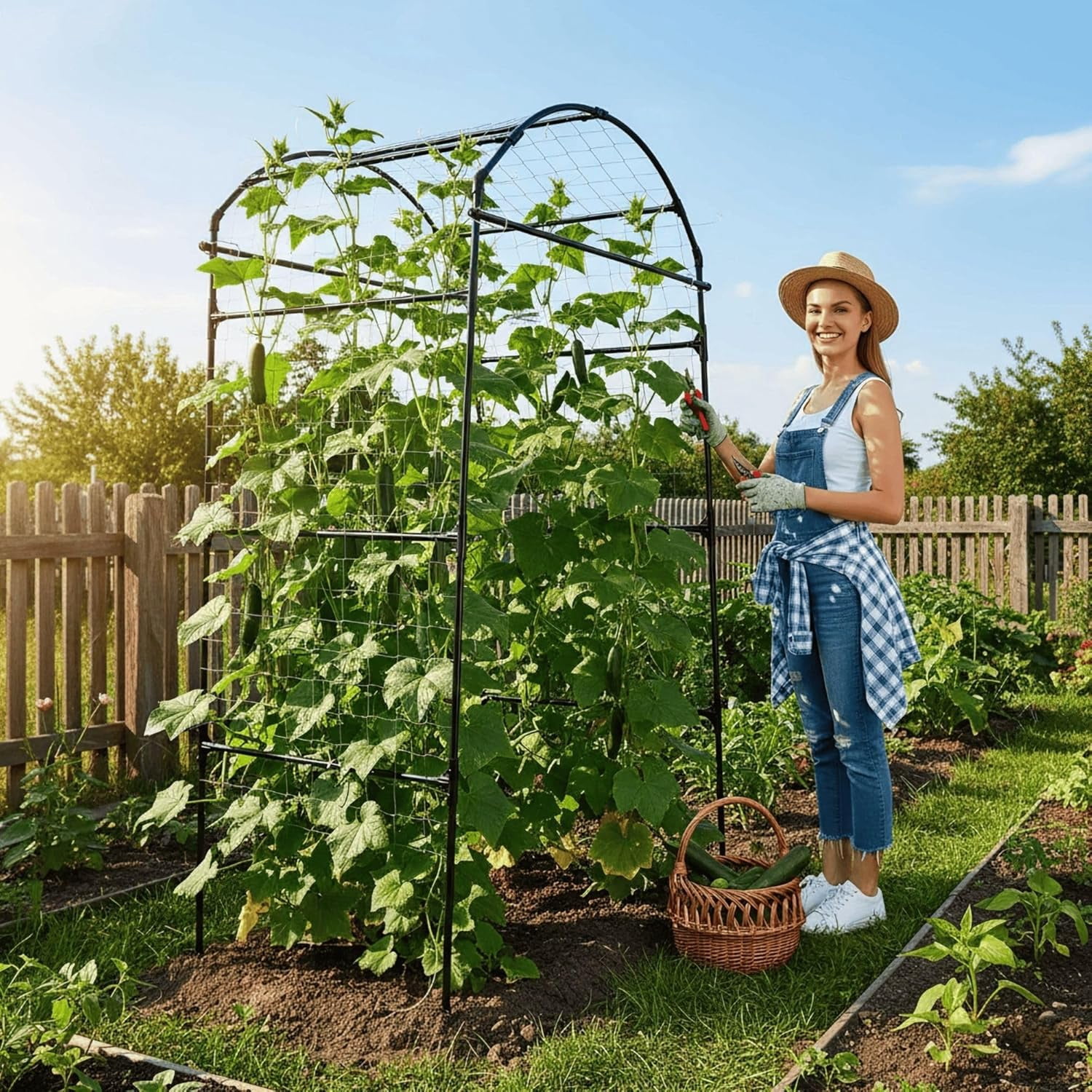 Garden Trellis Arch 7FT PP-Coated Stainless Steel Metal Extra Tall Cucumber Trellis Arch Garden Arch Trellis for Climbing Plants Outdoor Vegetable Trellis with Trellis Netting