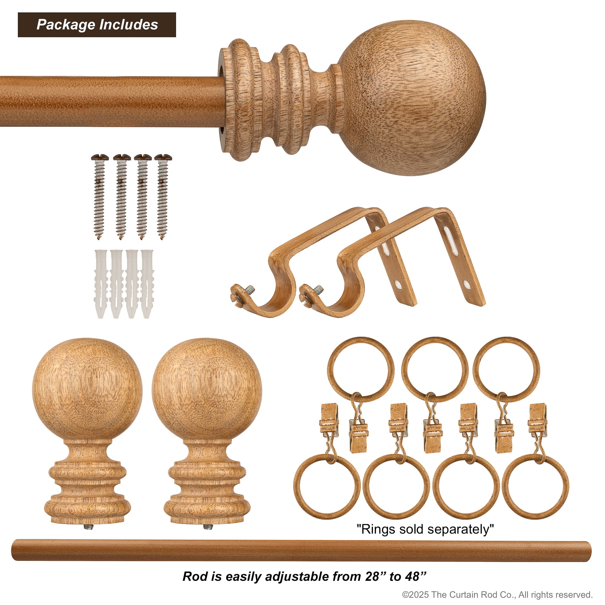 Amos Natural Farmhouse Real Oak Wood Finial  28”-48” Curtain Rod Set