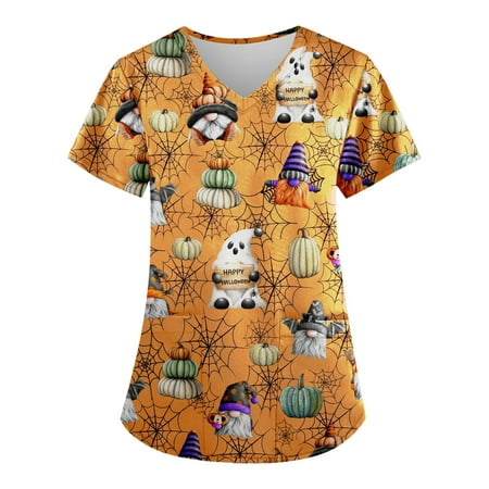 

Sksloeg Womens Scrubs Tops Plus Size Animal Cat Bat Print Top Short Sleeve V-Neck Shirts Tee Tops with Pockets Nursing Working Uniform Ginger 5XL