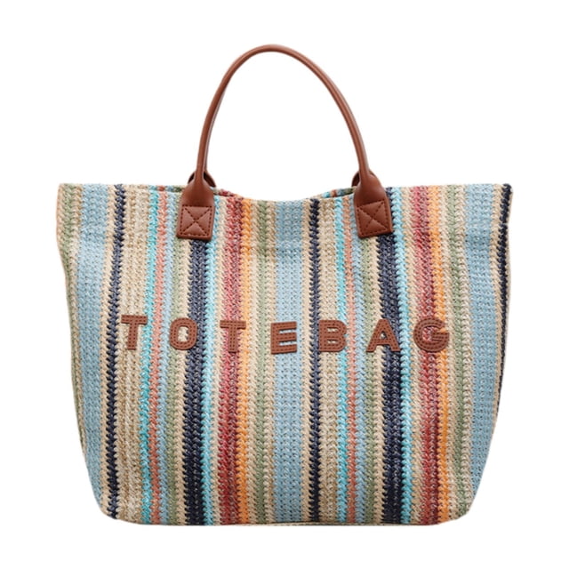 Bolso tote ligero con estampado de letras a rayas, ideal para vacaciones, ciudad, verano y negocios. Marrón