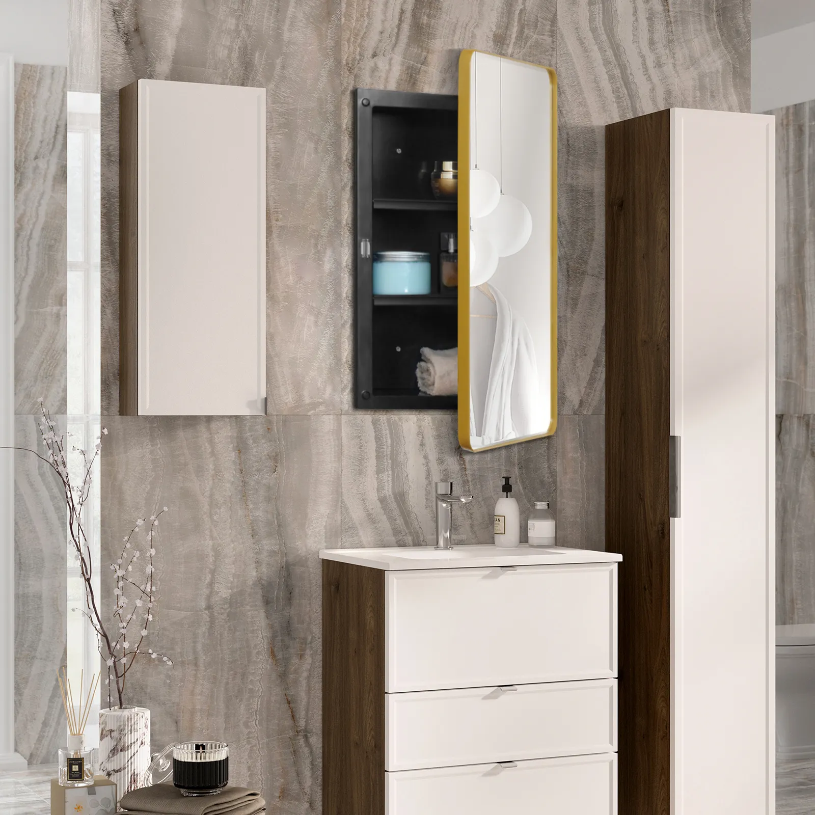 Jensen Focus 16in x 22in White Recess-Mounted Medicine Cabinet with  Frameless Polished Edges Mirror Door, Reversible Door Swing, Plastic Shelves  - B7733