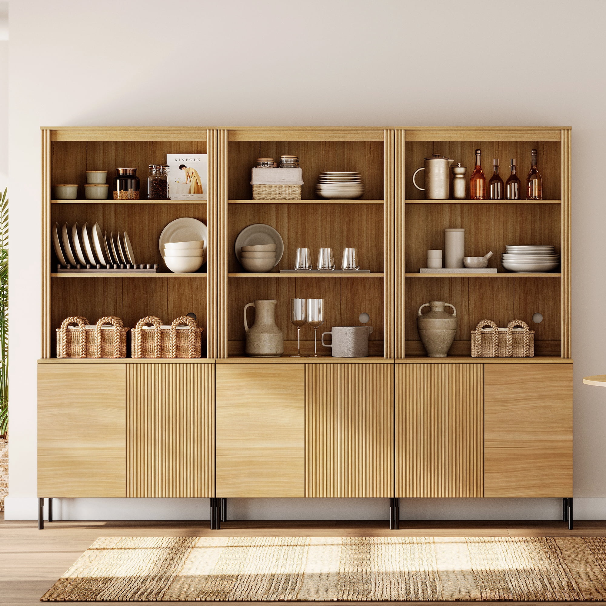71" Tall Arched Kitchen Pantry Cabinet Set of 2, Wood Bookcase Display Cabinet With Doors And Adjustable Shelves, Mid-Century Modern Versatile Cupboard For Dining Room, Bedroom