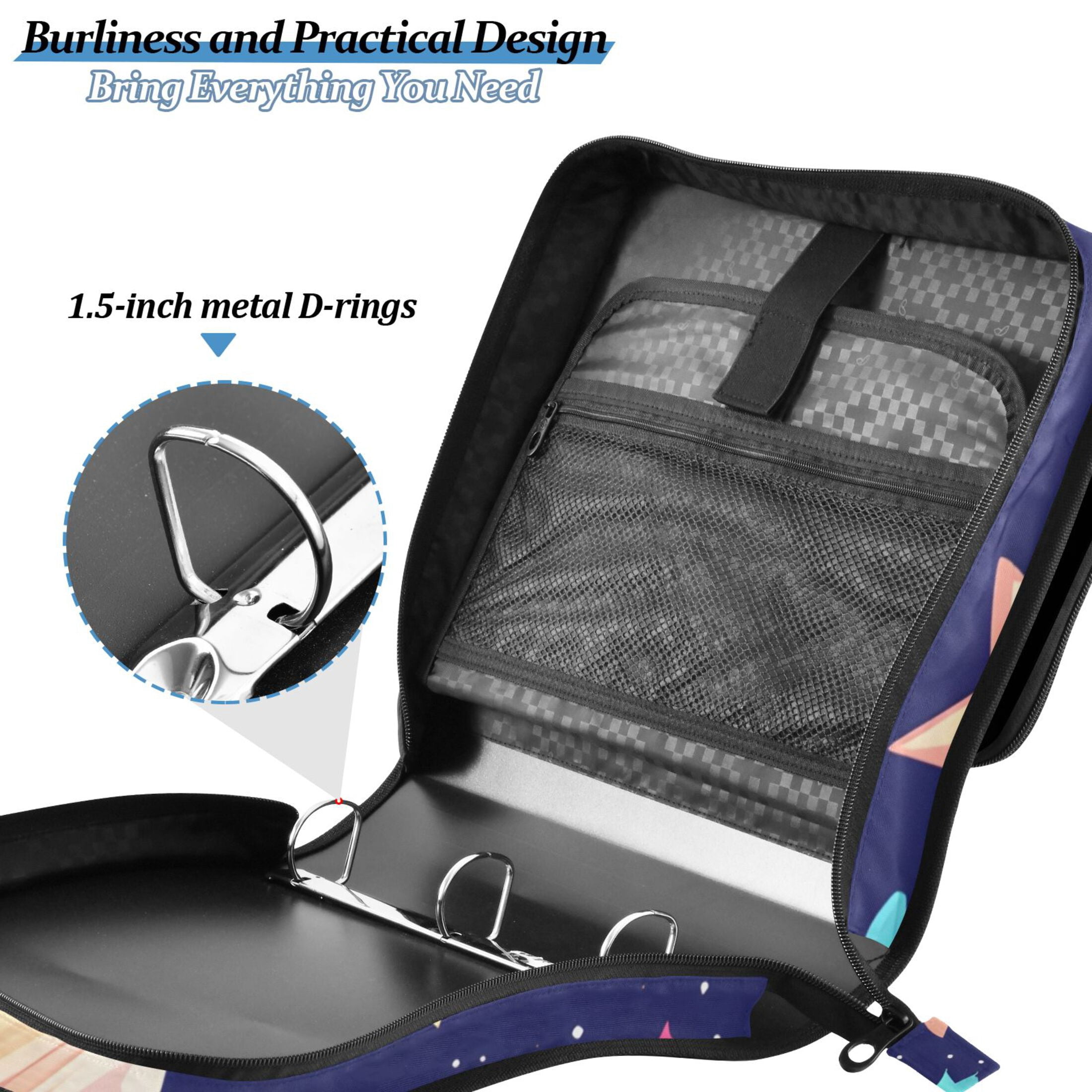 3 Ring Zipper Binder with Shoulder Strap Waterproof Trapper Keeper 2 Inch D-Ring 500 Sheets Capacity Cartoon Planet and Star