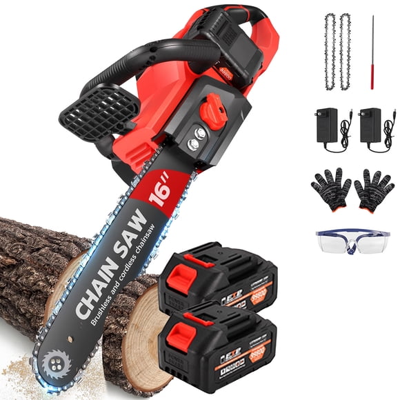 SUSUZI 16-inch 42V Battery-Powered Brushless Cordless Chainsaw Kit with 2x2000mAh Batteries, 2 Chains & Dual Chargers