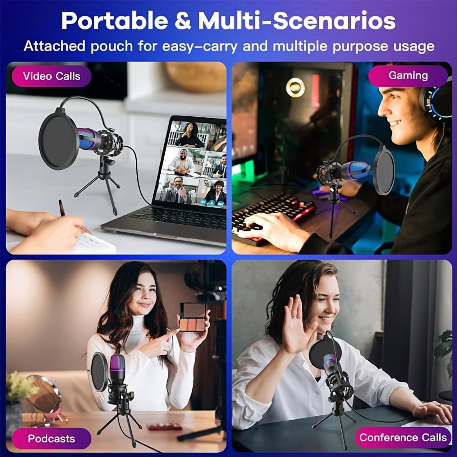 RGB Gaming Microphone with Tripod and Pop Filter USB Studio Mic for Twitch Youtube Discord Meetings