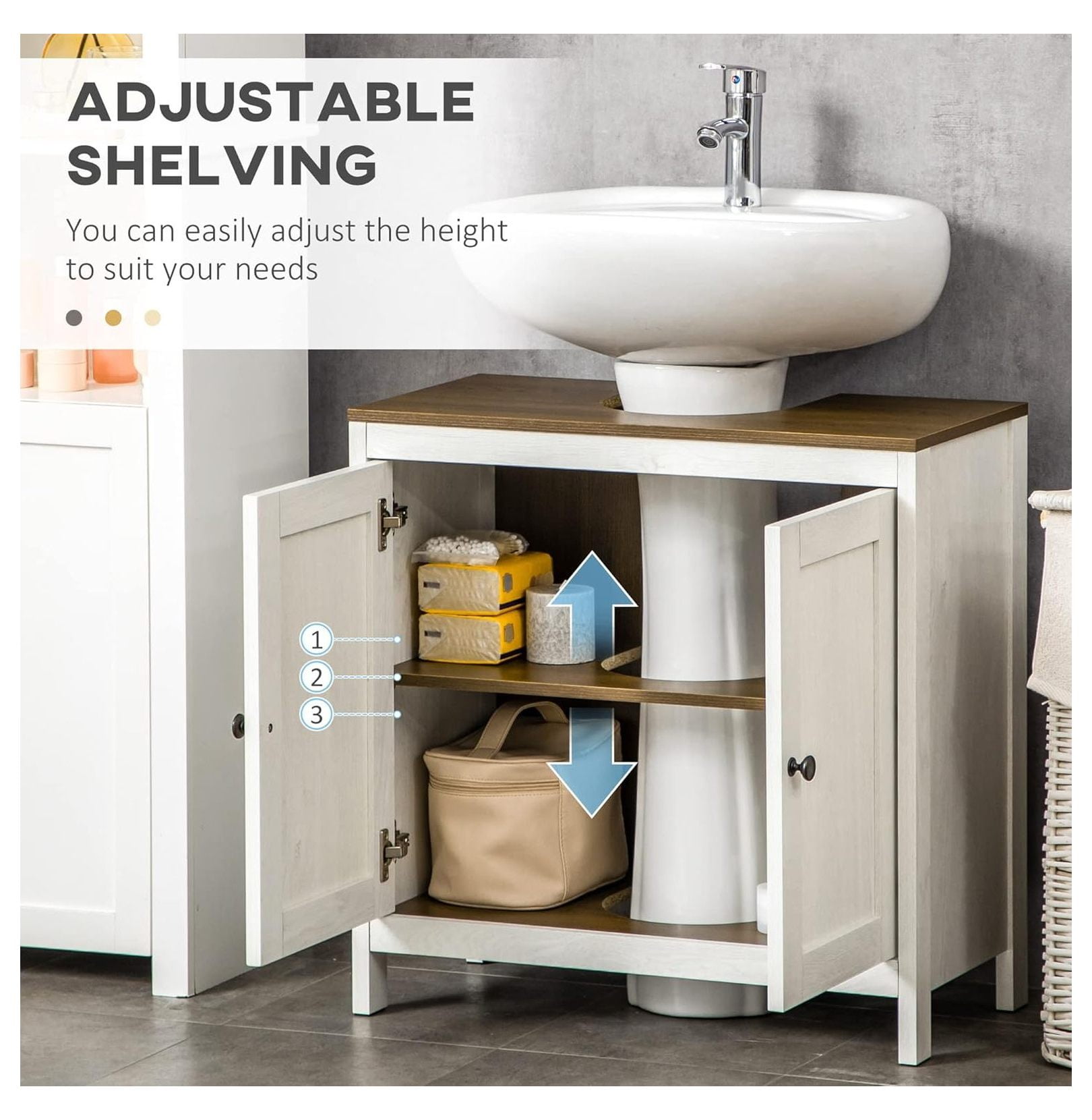 Bathroom Sink Cabinet, Floor Standing Under Sink Organizer, Freestanding Vanity with Adjustable Shelf, Double Door Storage, Antique White