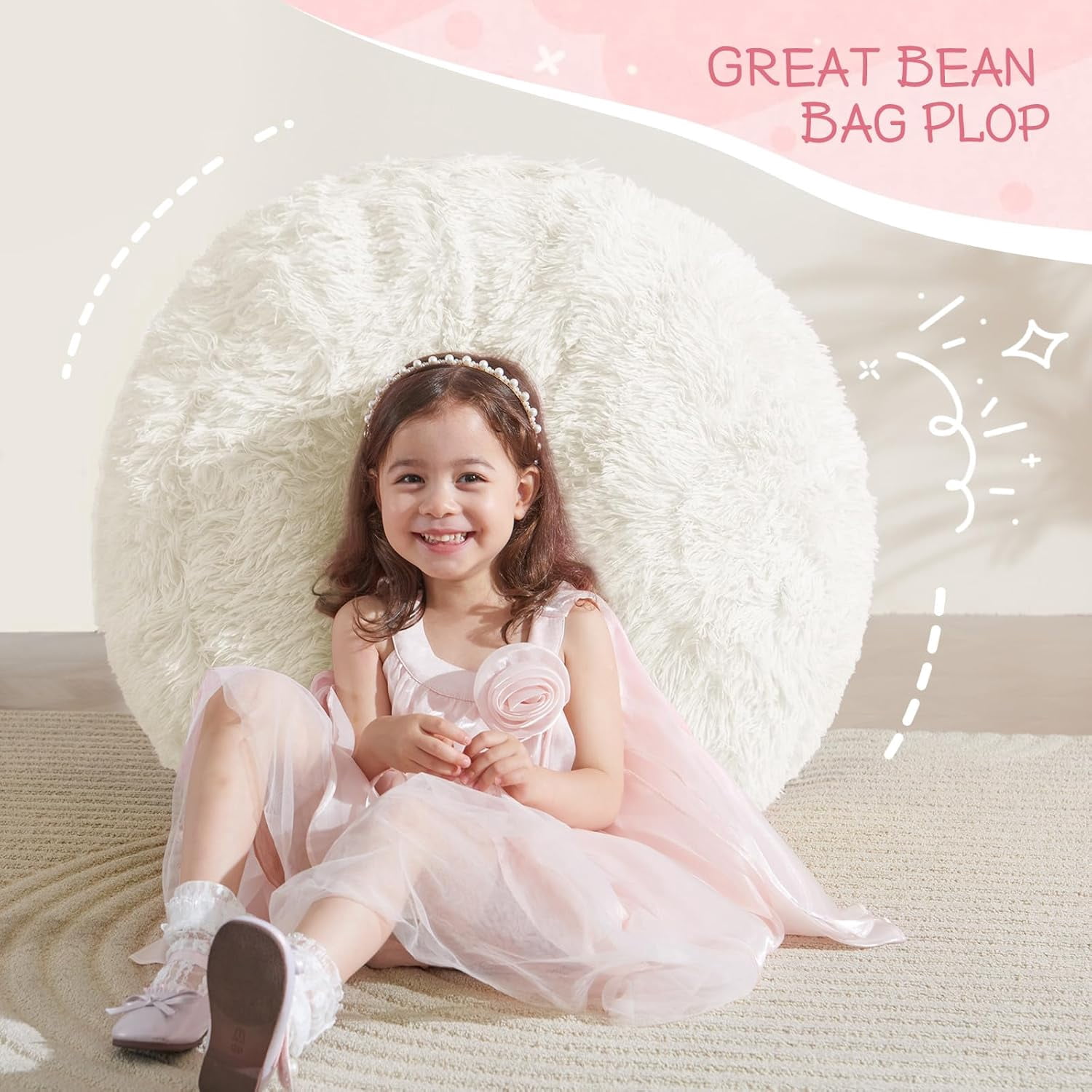 General Bean Bag Cover (No Filler), Stuffed Animal Storage Bean Bag Covers for Kids, Soft Faux Fur Washable Cover with Pocket Handle, Comfy Fluffy Beanbag for Organizing Plush Toys, 27"x21" Beige