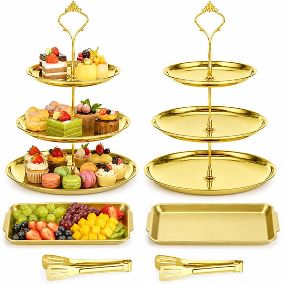 6 Pcs Gold Cake Stands Set, 2 Pcs 13.6 in 3 Tiered Cupcake Stand, 2 Pcs 10.6 x 5.9 in Rectangular Trays and Tongs, Stainless Steel Gold Dessert Table Display Set for Wedding Birthday Party