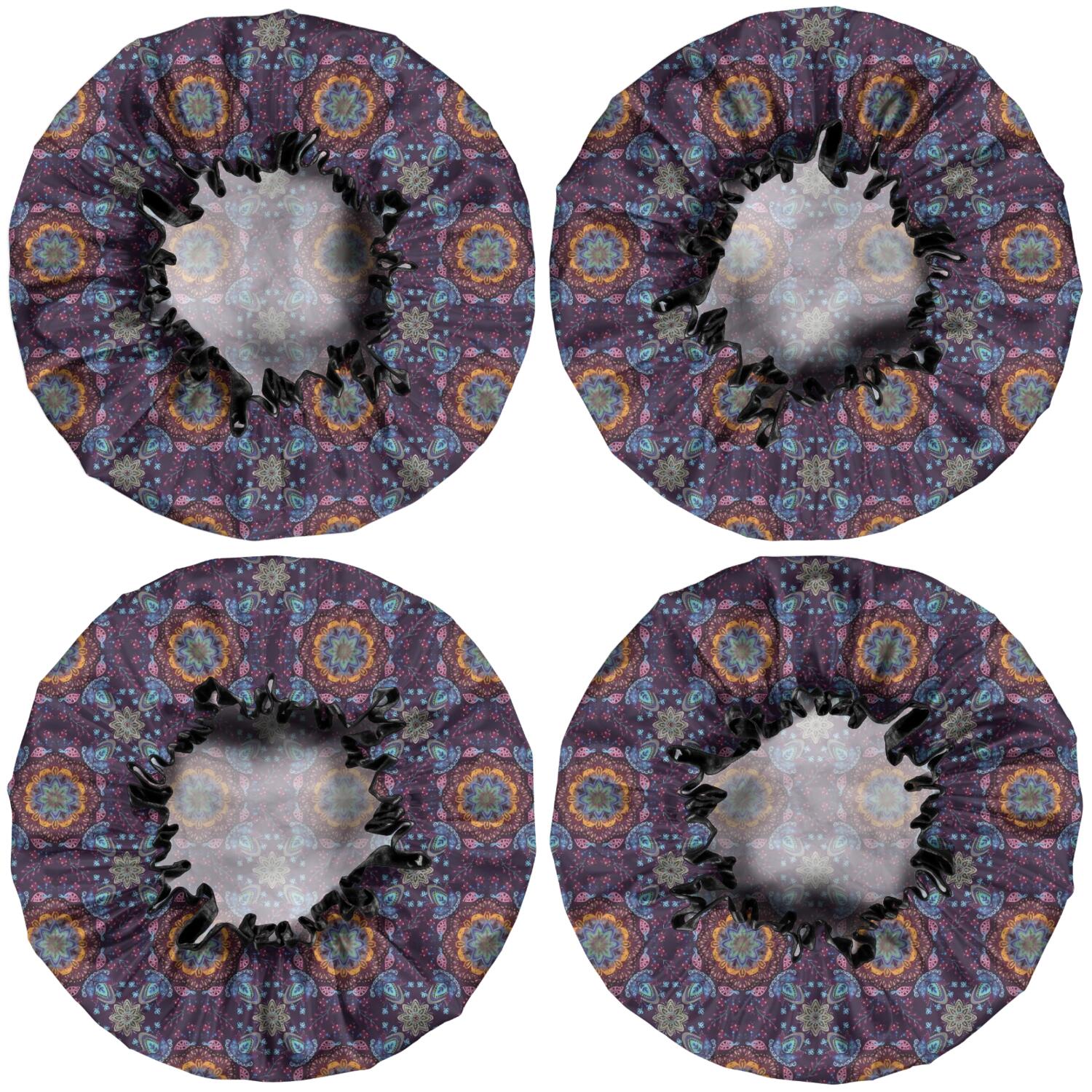 Shower Caps,Purple Circular Floral Pattern Waterproof Shower Cap for Women 4 Pieces,Double Reusable Hair Cover for Shower PEVA Elastic Stretch Hem