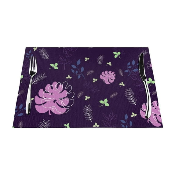 YFYANG Washable Heat-Resistant Placemats, 70% PVC/30% Polyester, Purple Leaf Pattern Kitchen Table Mat, 12" x 18" 4 Pcs
