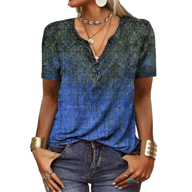 Camiseta con cuello de botón de verano para mujer, camiseta de manga corta estampada informal holgada