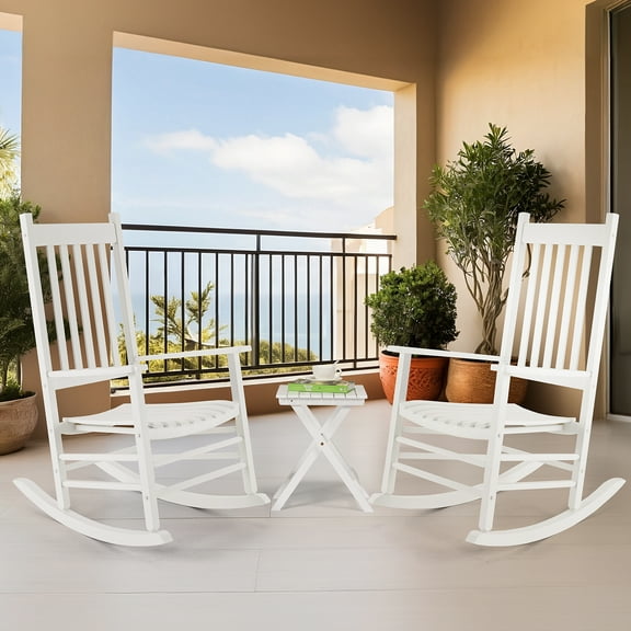 Pirecart Outdoor Rocking Chair Set – 3-Piece Patio Set with Side Table, High-Back Design, Easy-to-Assemble Wooden Rocking Chairs for Porch, Patio, Garden, Lawn, Balcony（White）