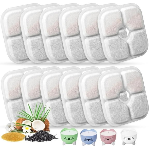16 Pack Cat Water Fountain Replacement Filters Fit for 2.5L Fountain with Whiskers Pattern Triple Action Water Pet Cat Drinking Fountain Filter Pack of 12