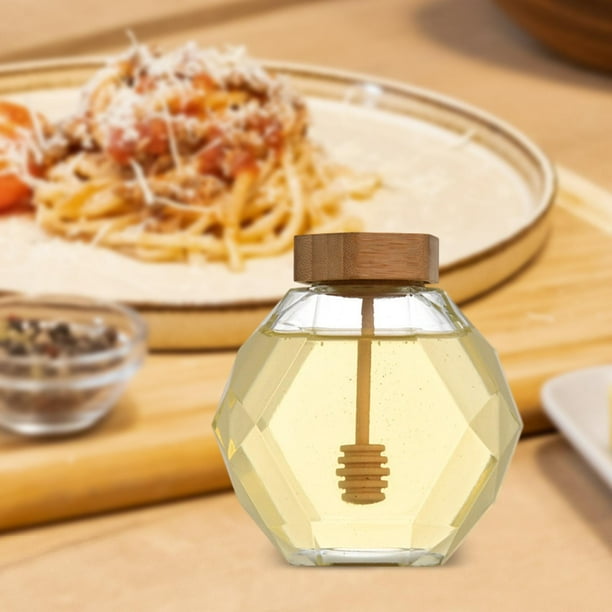 Tarro de Miel, Recipiente para Miel, Dispensador de Miel, Plato de Miel de Colmena Transparente, Accesorios de Cocina con Gotero Y Tapa de Madera Tapa de madera de 200 ml. Soledad tarro de miel