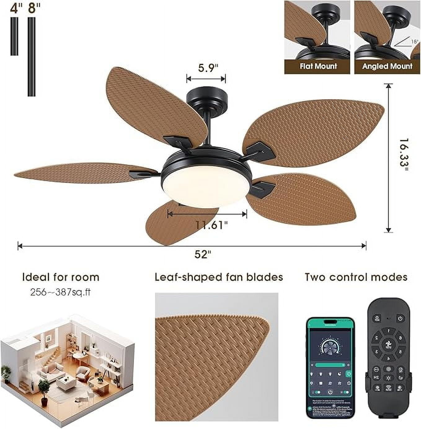YIOSI 52" Tropical Ceiling Fan with LED Lights, Remote, Dimmable 6 Speeds, Reversible DC Motor, Smart App Control
