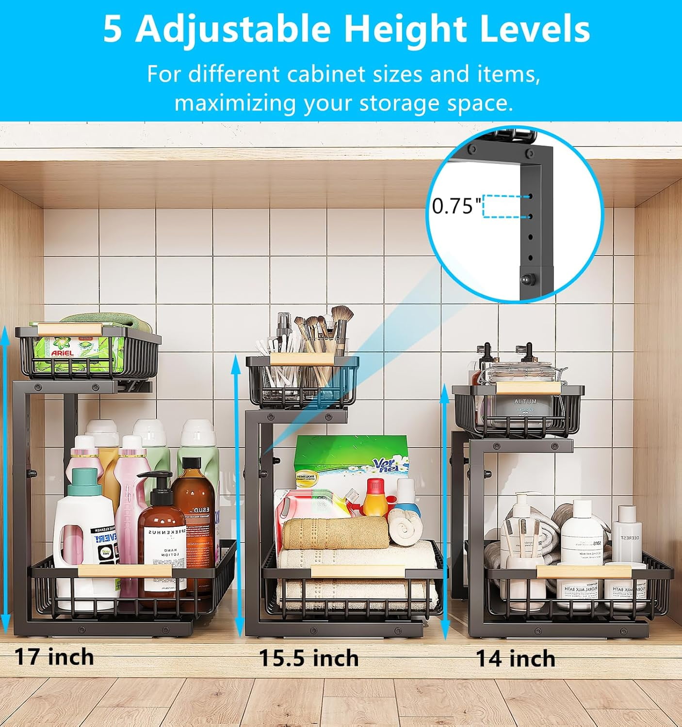 2 Pack Under Sink Organizer, Large 2 Tier Under Sink Organizer Storage, Height Adjustable Metal Pull Out Cabinet Organizer, Sliding Storage for Kitchen/Bathroom/Laundry Room.