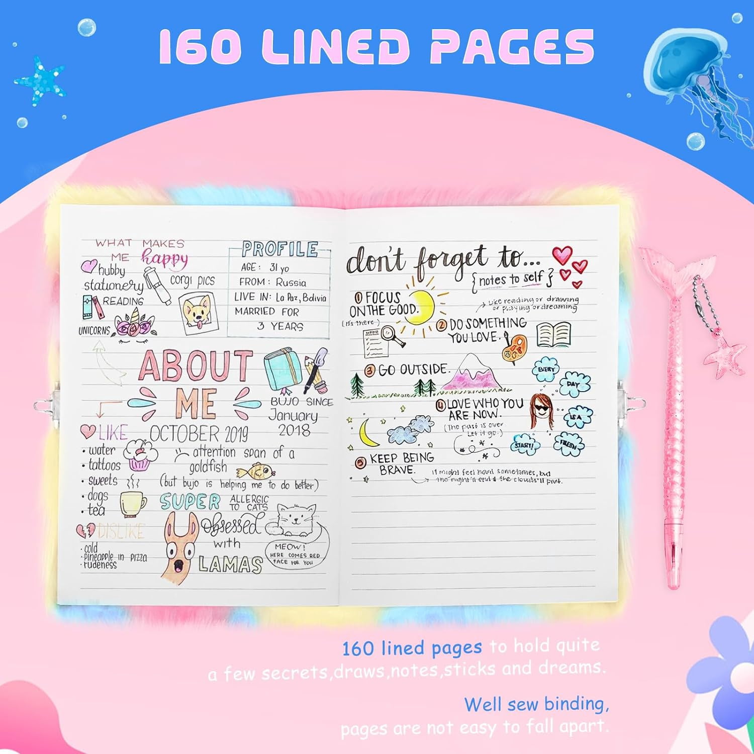 JYPS Mermaid Diary with Lock and Keys,Tie-Dye Fuzzy Journal with 160 Lined Pages,Fluffy Secret Notebook for Writing and Drawing,Pink