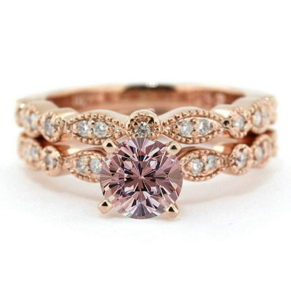 1.25 carat Round Cut Morganite and Diamond Halo Bridal Set in Rose Gold Plating: Bestselling Design under 300